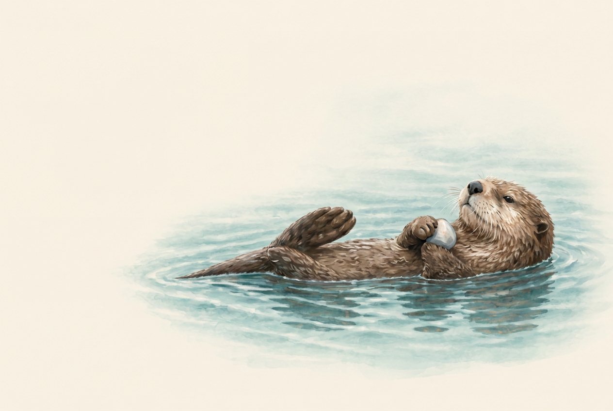 A sea otter floating on its back in calm water, holding a pebble on its chest